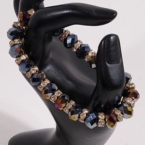 Bracelet Dark Iridescent Beads Silver Rhinestones